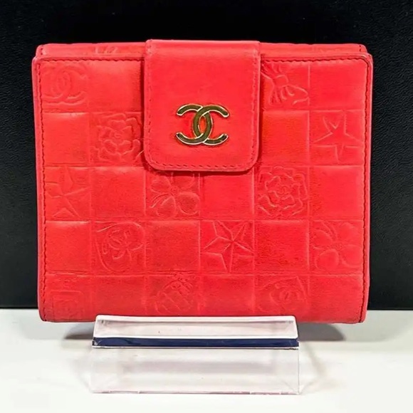 CHANEL Handbags - Authentic Chanel leather icon line wallet with red Lambskin leather